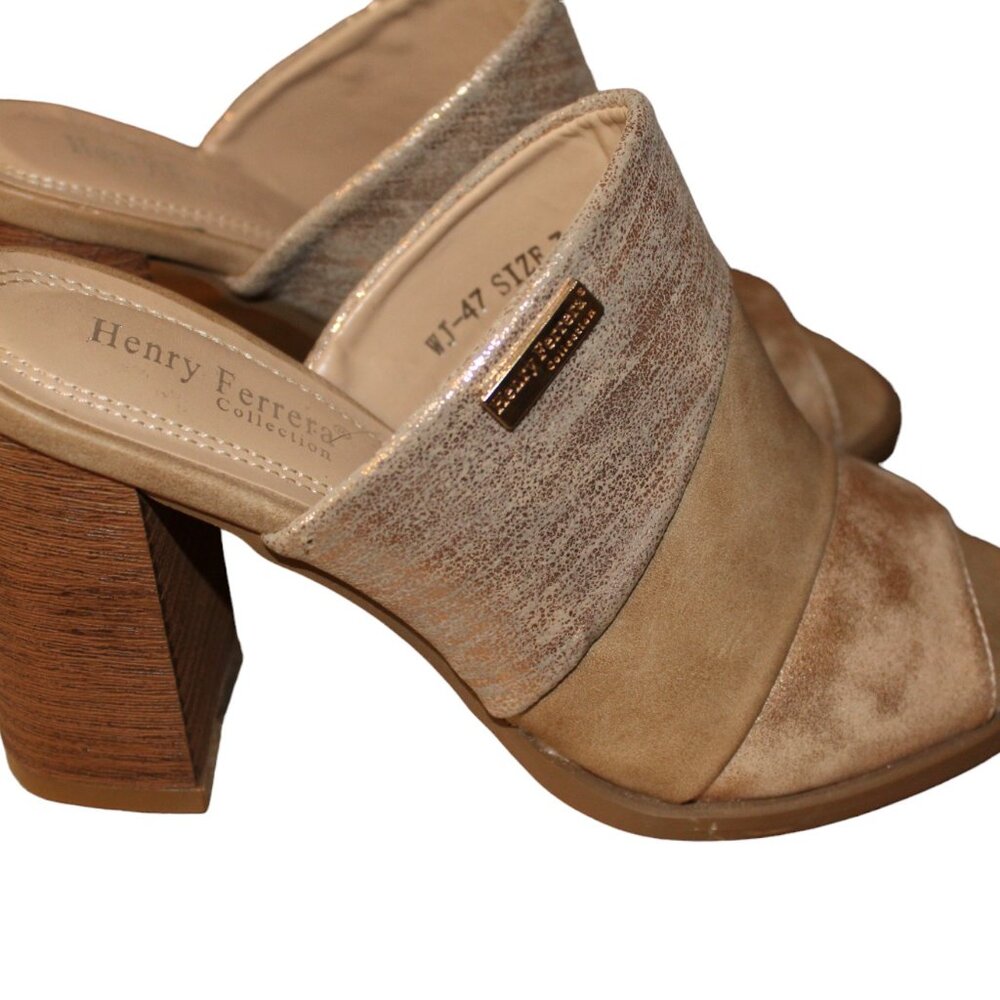 Henry Ferrera Champagne Slides with Wood Heels Size 7 NWT's GOLD TONES - Picture 1 of 7